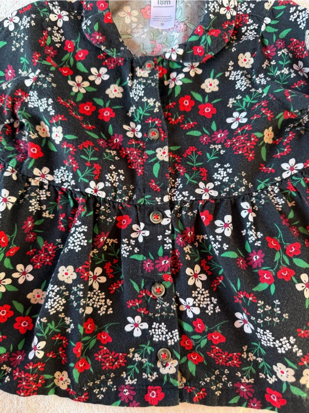 Carter's Black Floral Button-Front Top with Red and White Blooms Size 18M